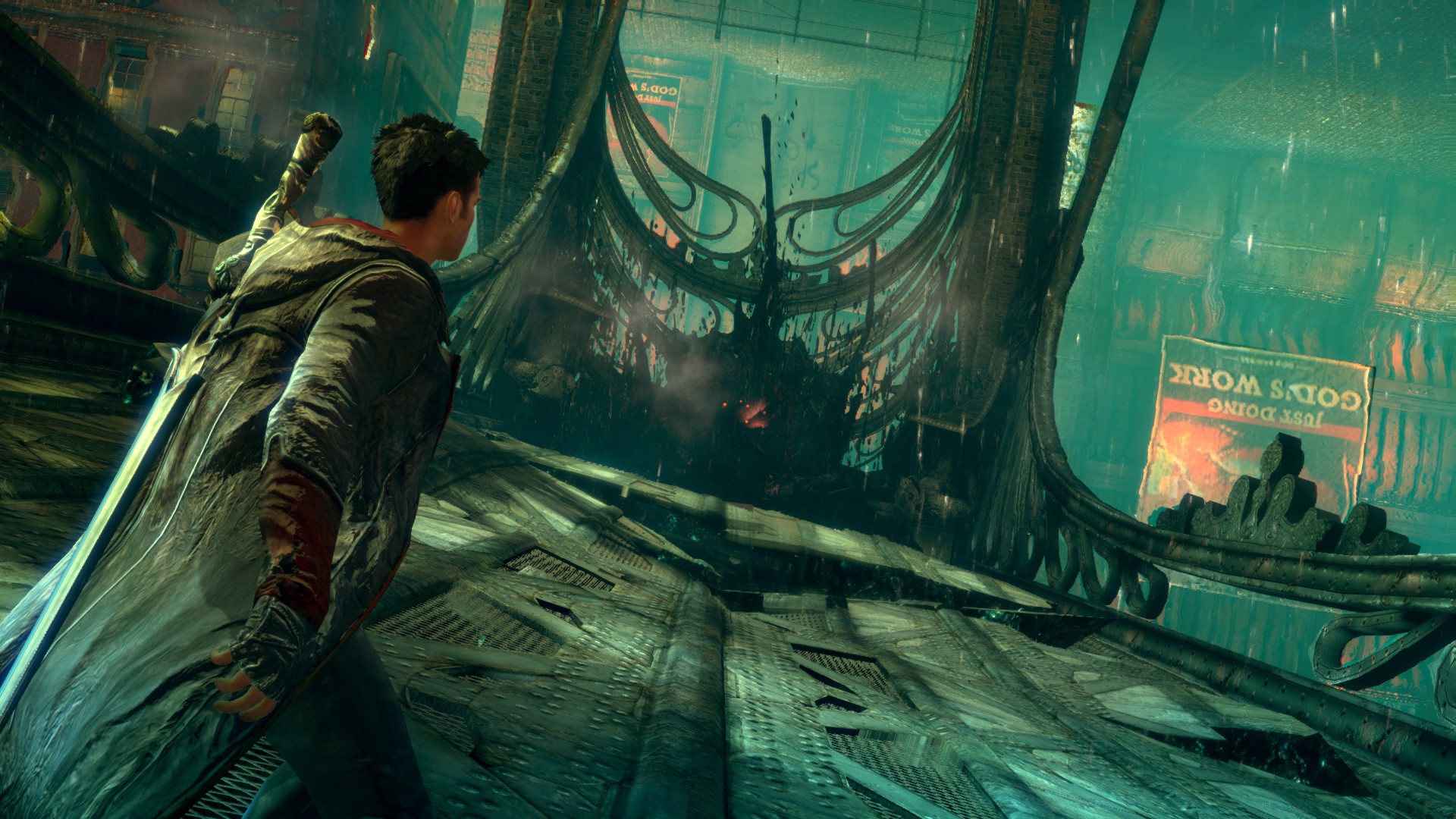 Image of Dante on a bridge as it begins to warp under the influence of Limbo.