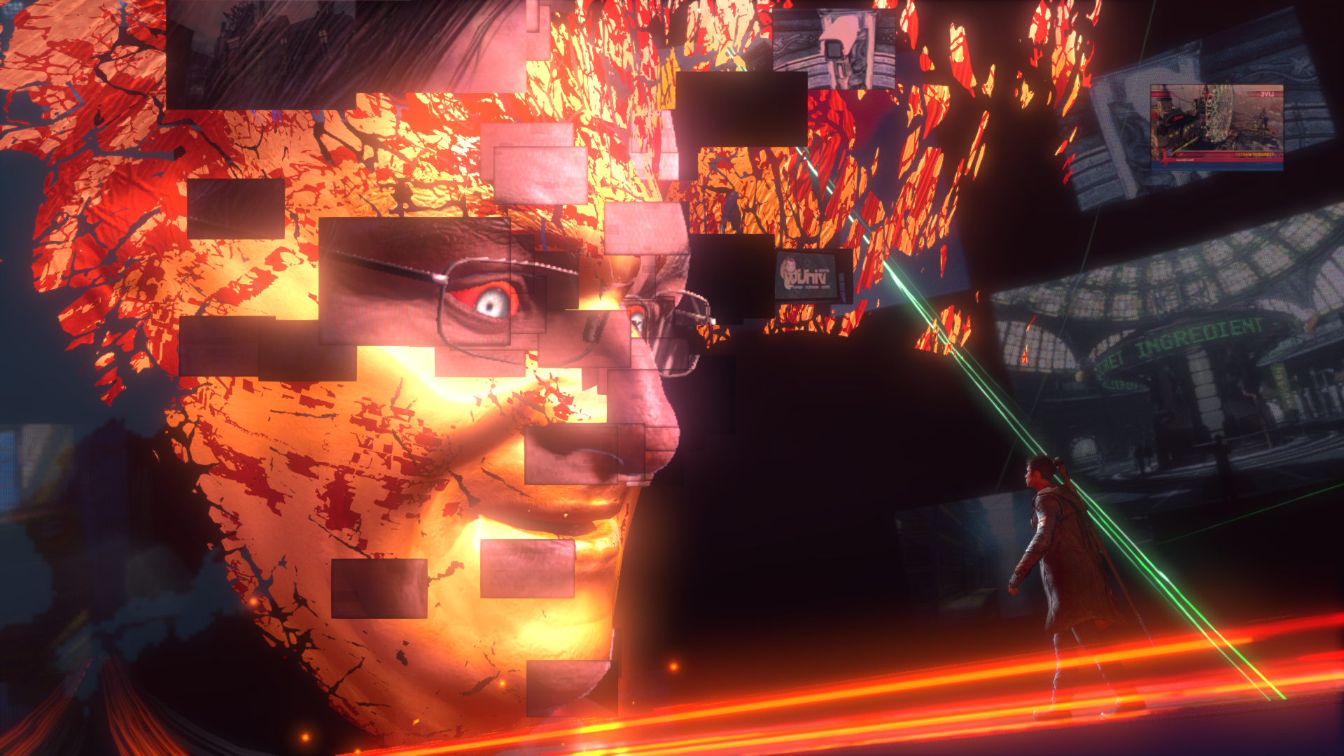 Image of Dante face-to-face with Bob Barbas' floating, digitized head.