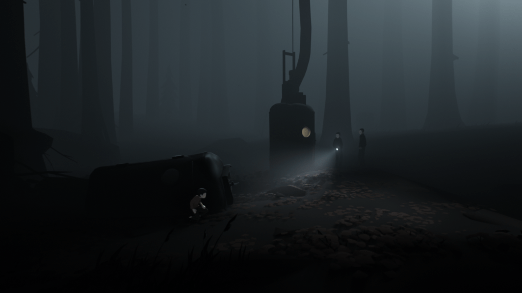 A screenshot from INSIDE showing the boy hiding behind a large object as a masked figure shines a flashlight in his direction.