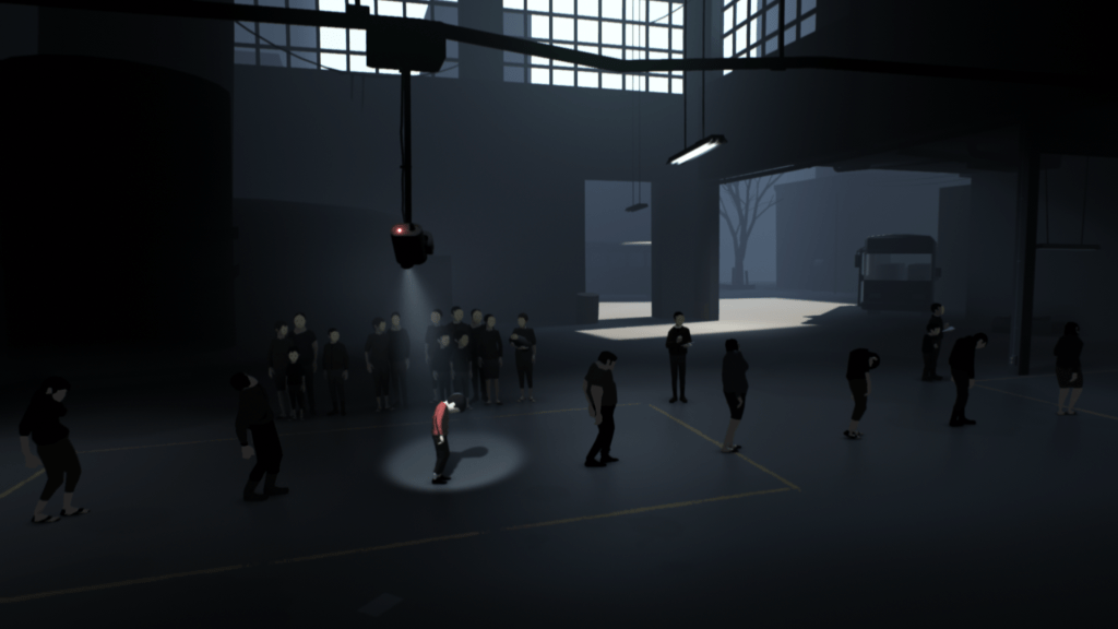 A screenshot from INSIDE showing the boy in a line of zombie-like adults.  A spotlight shines on the boy as a crowd of onlookers watches.