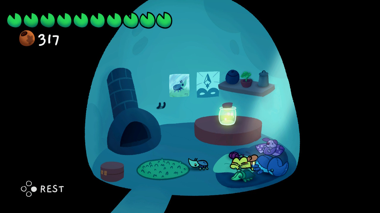 An image of Chorus curled up and sleeping in their bed. Plushies of various bugs surround them in their bed, while the walls are decorated with posters and various other knick-knacks on shelves.