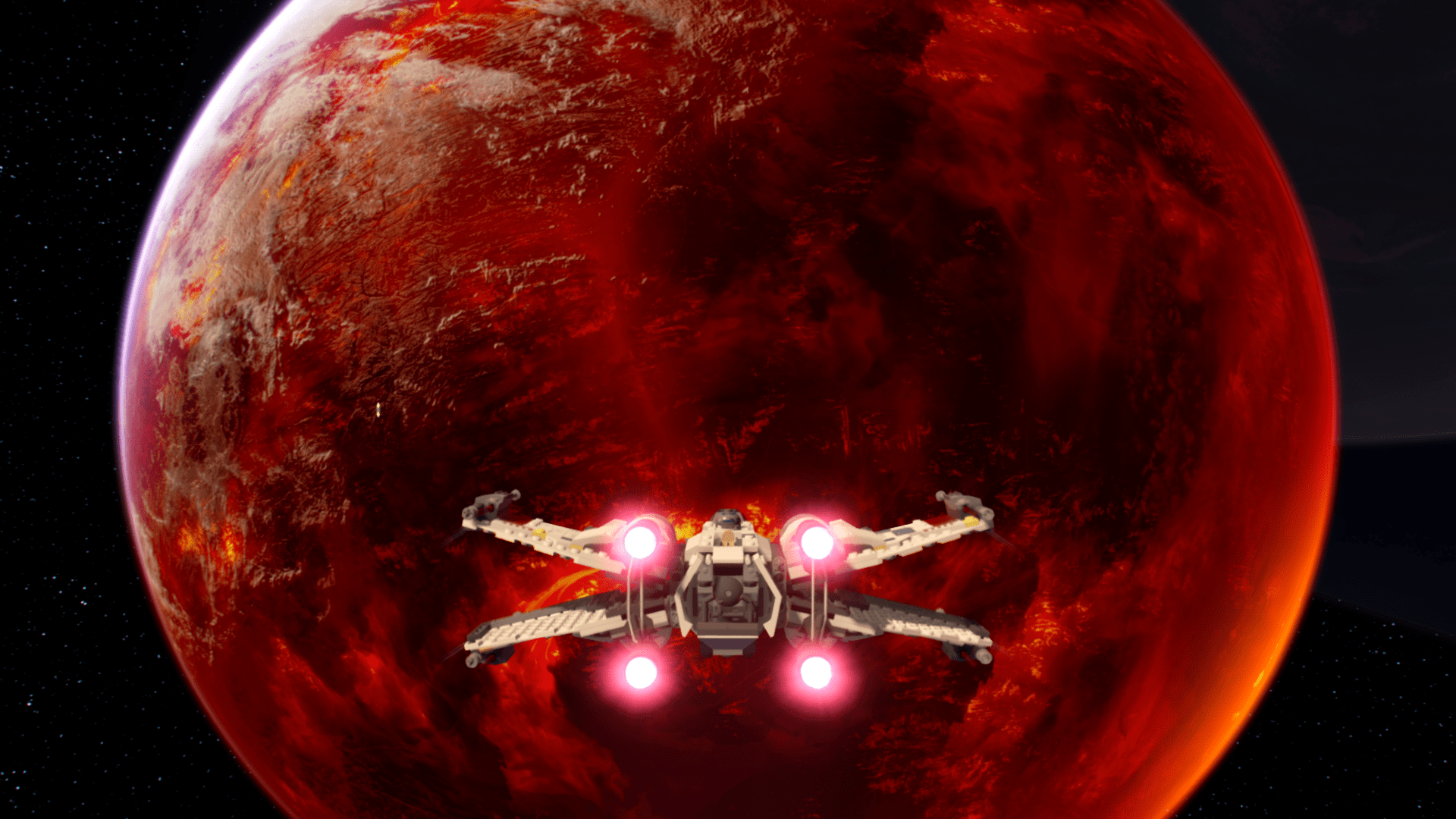 An image of a Lego X-Wing approaching a massive, red planet covered in lava.