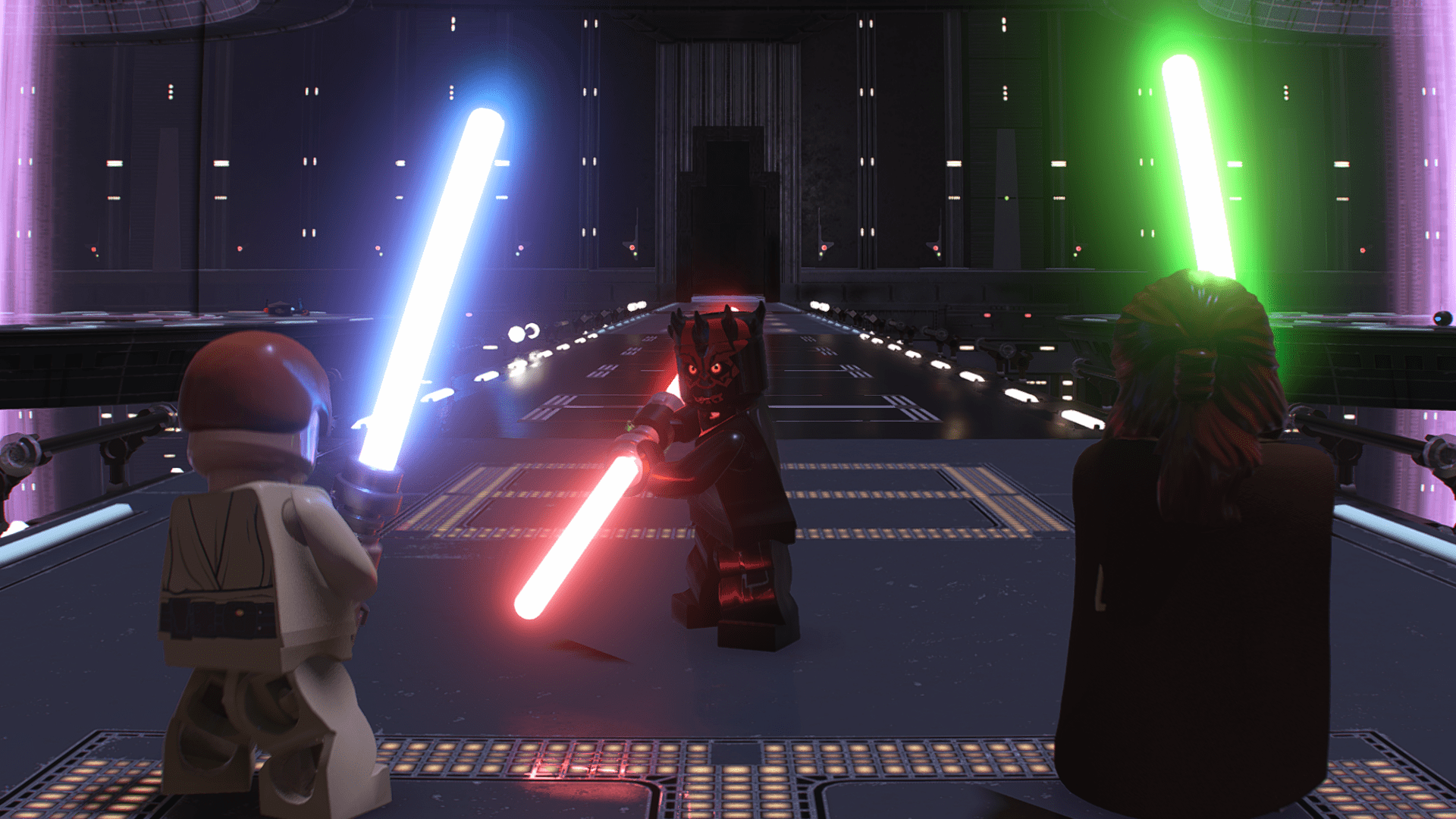 An image of Lego Darth Maul facing down Lego Obi-Wan and Qui-Gon Jinn.  All three have their lightsabers activated and are facing down each other on a bridge.