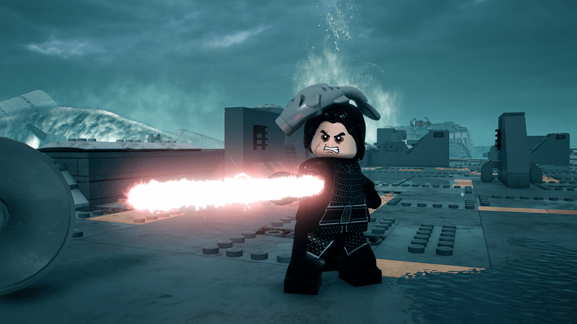 An image of Lego Kylo Ren with a fish on his head.  Kylo Ren is scowling while holding out his lightsaber.