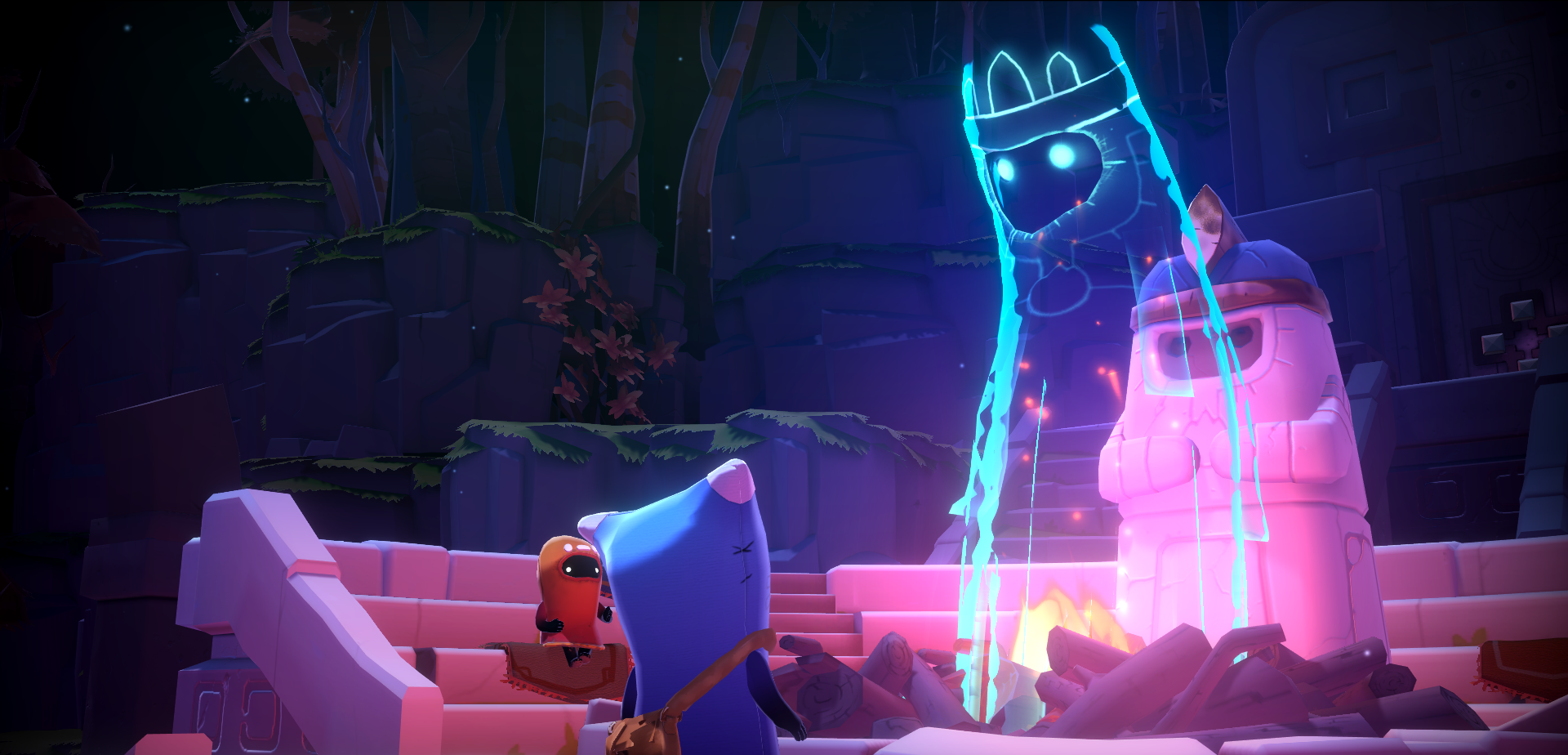 An image of Ember being faced with a blue spirit emerging from a campfire.