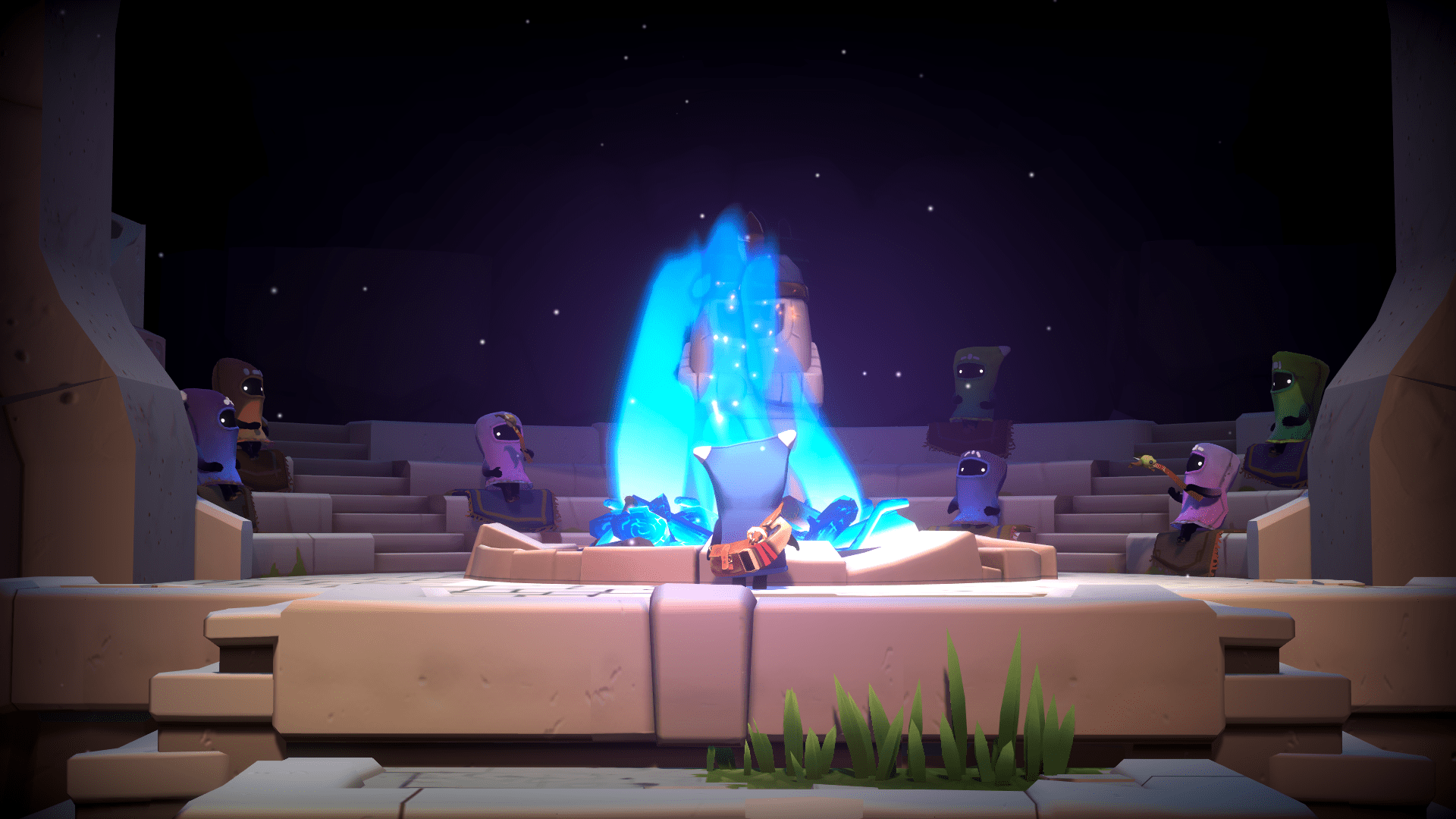 An image of Ember standing in front of a blazing blue bonfire. The fire is surrounded by robed figures clad in different colours, some of whom are holding out branches to the fire.