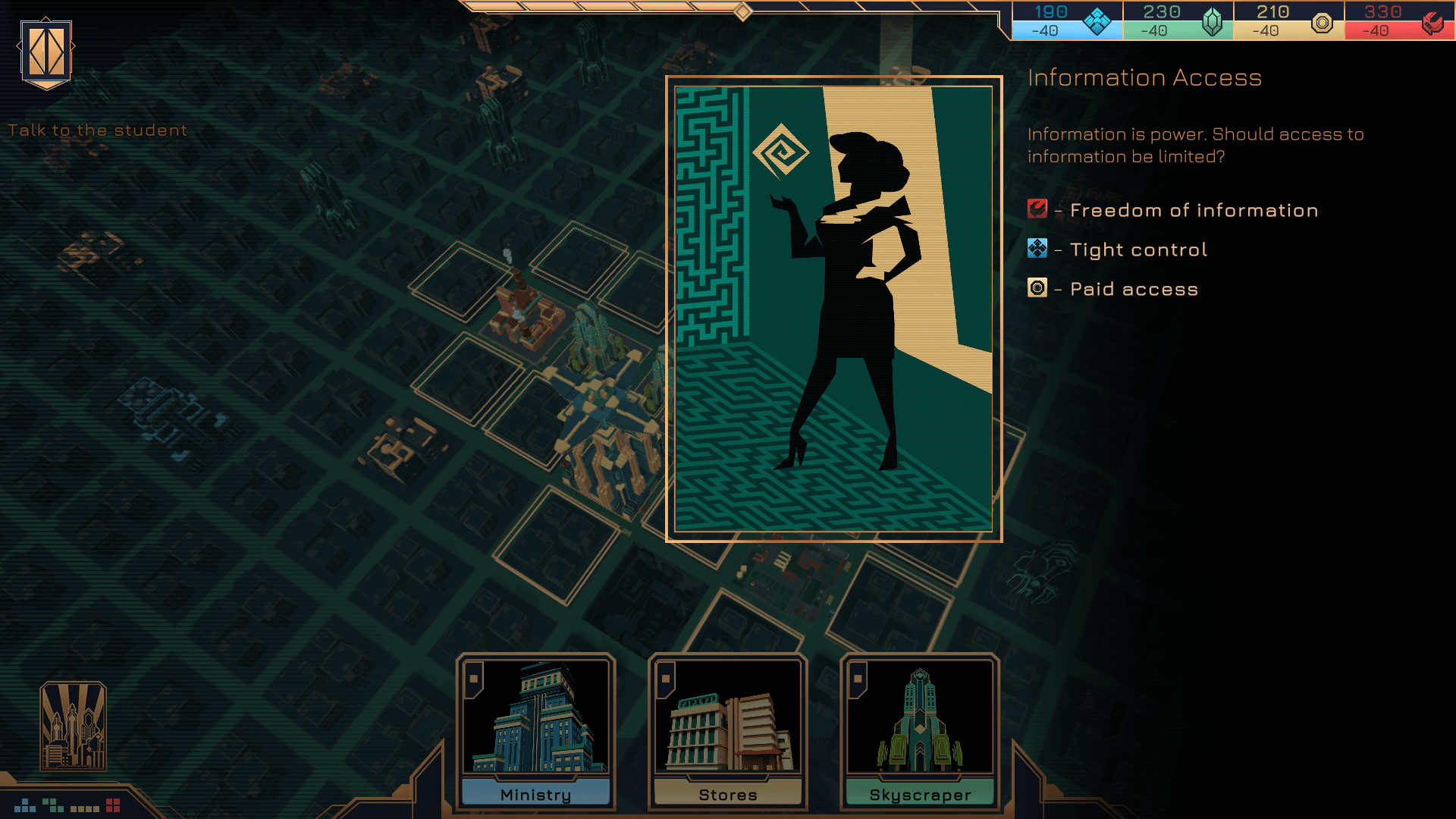 A screenshot showing an event popup, with the title "Information Access".  Below, it reads "Information is power.  Should access to information be limited?"  The options are "Freedom of information", "Tight control", and "Paid access".  Next to this is a picture with a woman's silhouette.  She has one arm up and the other on her hip, and the raised arm is holding a spiral-like object.