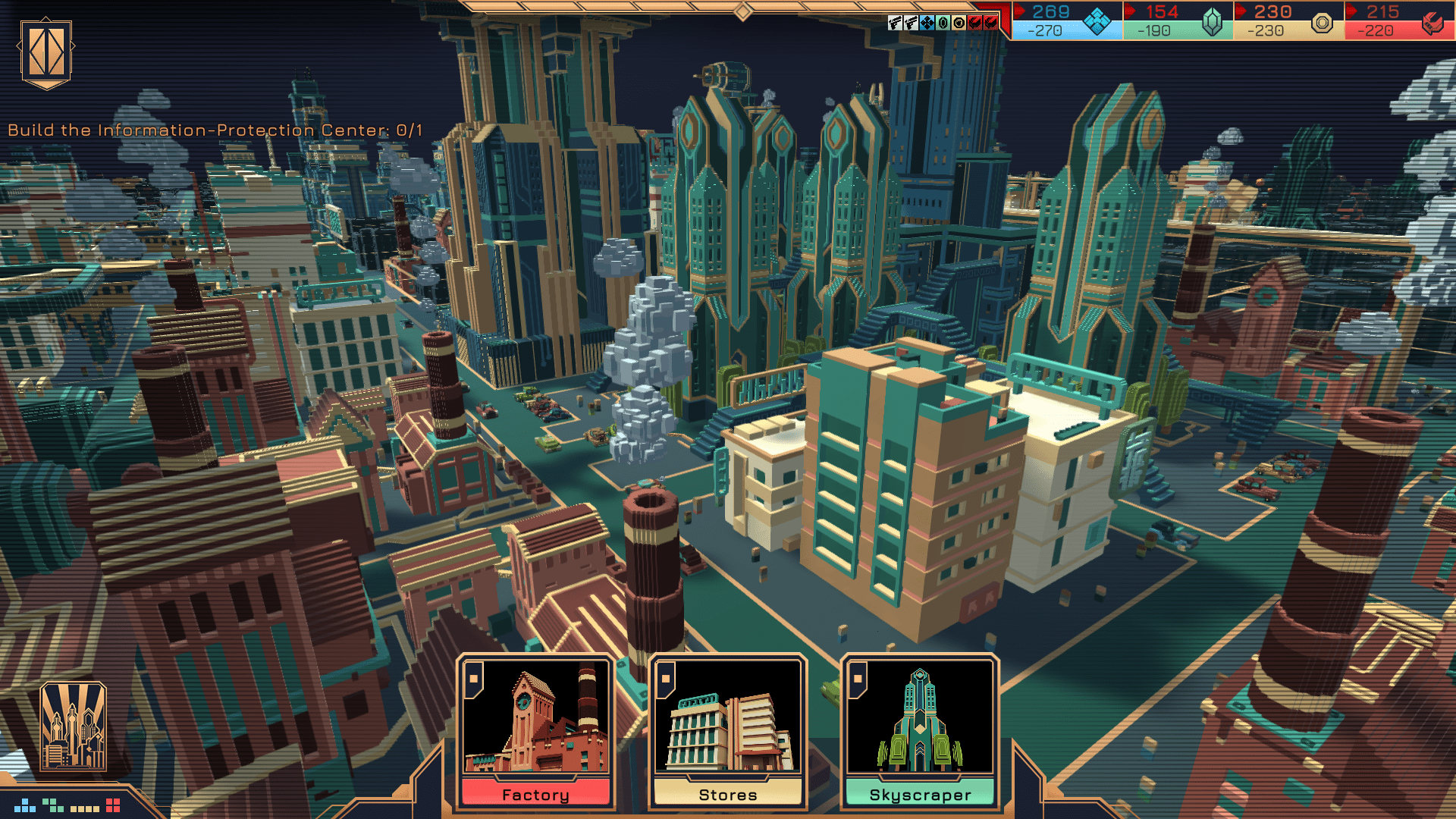 A screenshot showing a congested ciityscape.  Red factories spout smoke and tall green skyscrapers rise.  Everything has gold detailing on it.