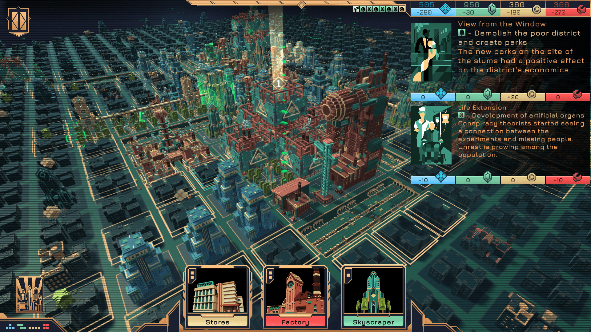 A screenshot showing a futuristic cityscape, with green, blue, and red buildings scattered about.  On the side are some "event follow-ups".  The first one is titled "View from the Window" with the subtitle "Demolish the poor district and create parks".  The text below it reads "The new parks on the site of the slums had a positive effect on the district's economies."  Below this is a second event follow-up labeled "Life Extension" with the subtitle "Development of artificial organs".  The text below reads "Conspiracy theorists started seeing a connection between the experiments and missing people.  Unrest is growing among the population."