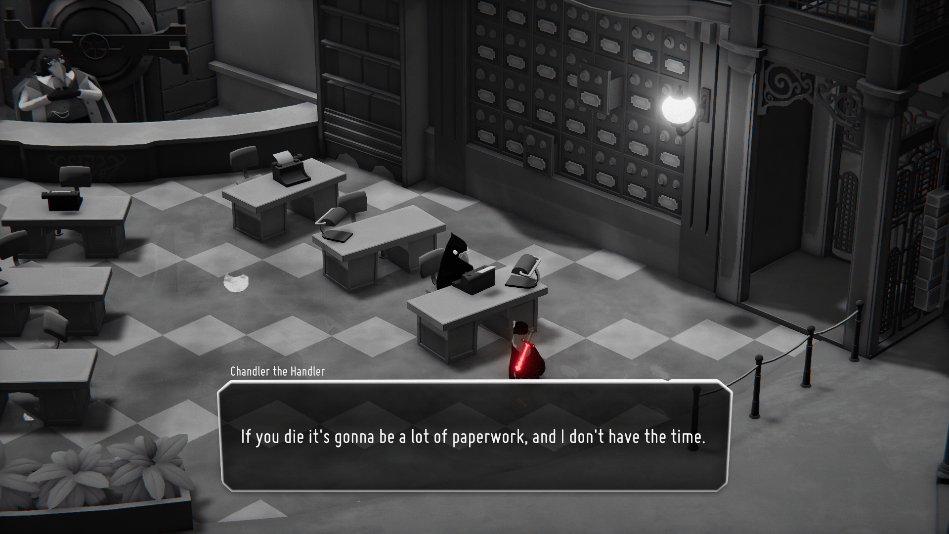 A screenshot showing a small crow with a glowing red sword on their back conversing with a slightly larger crow sitting behind a desk and typing on a typewriter.  A textbox at the bottom of the screen is titled "Chandler the Handler" and reads "If you die it's gonna be a lot of paperwork, and I don't have the time."