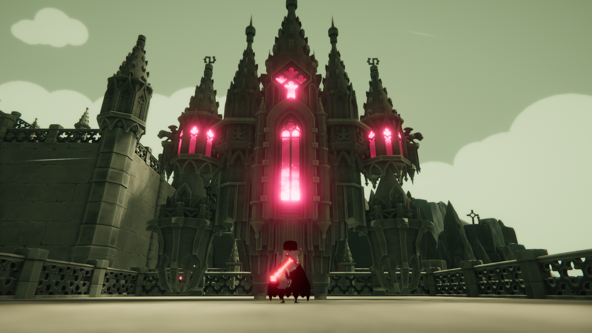 A screenshot showing a small crow with a glowing red sword on their back facing down a massive animated castle with a pinkish-red glow coming from its windows.