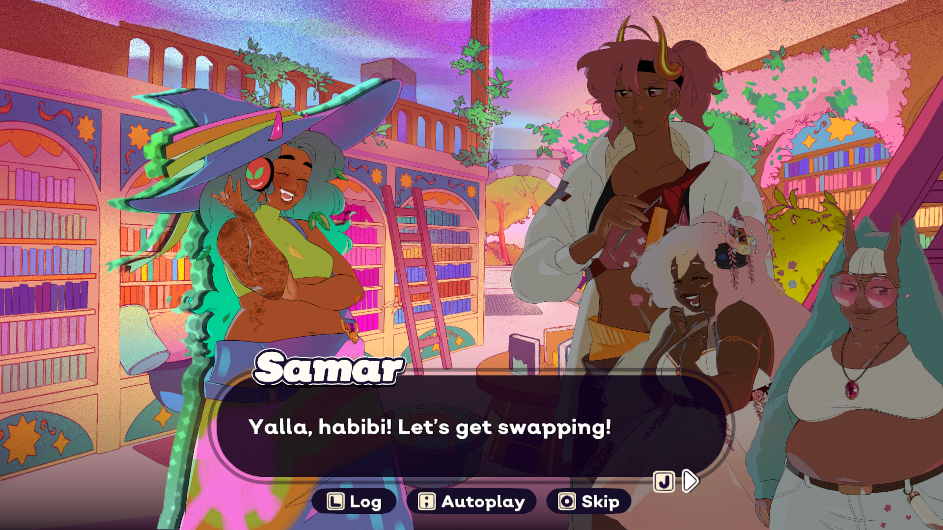 A screenshot a dialogue exchange between a smiling witch character with colourful hair and wearing colourful clothes, and three other people. One of the three is shorter and wearing a crop top and jeans, the second has long hair and is wearing a fancy, poofy dress, and the third one is tall with a ponytail and white hoodie. At the bottom is a text box titled "Samar", which reads "Yalla, habibi! Let's get swapping!"