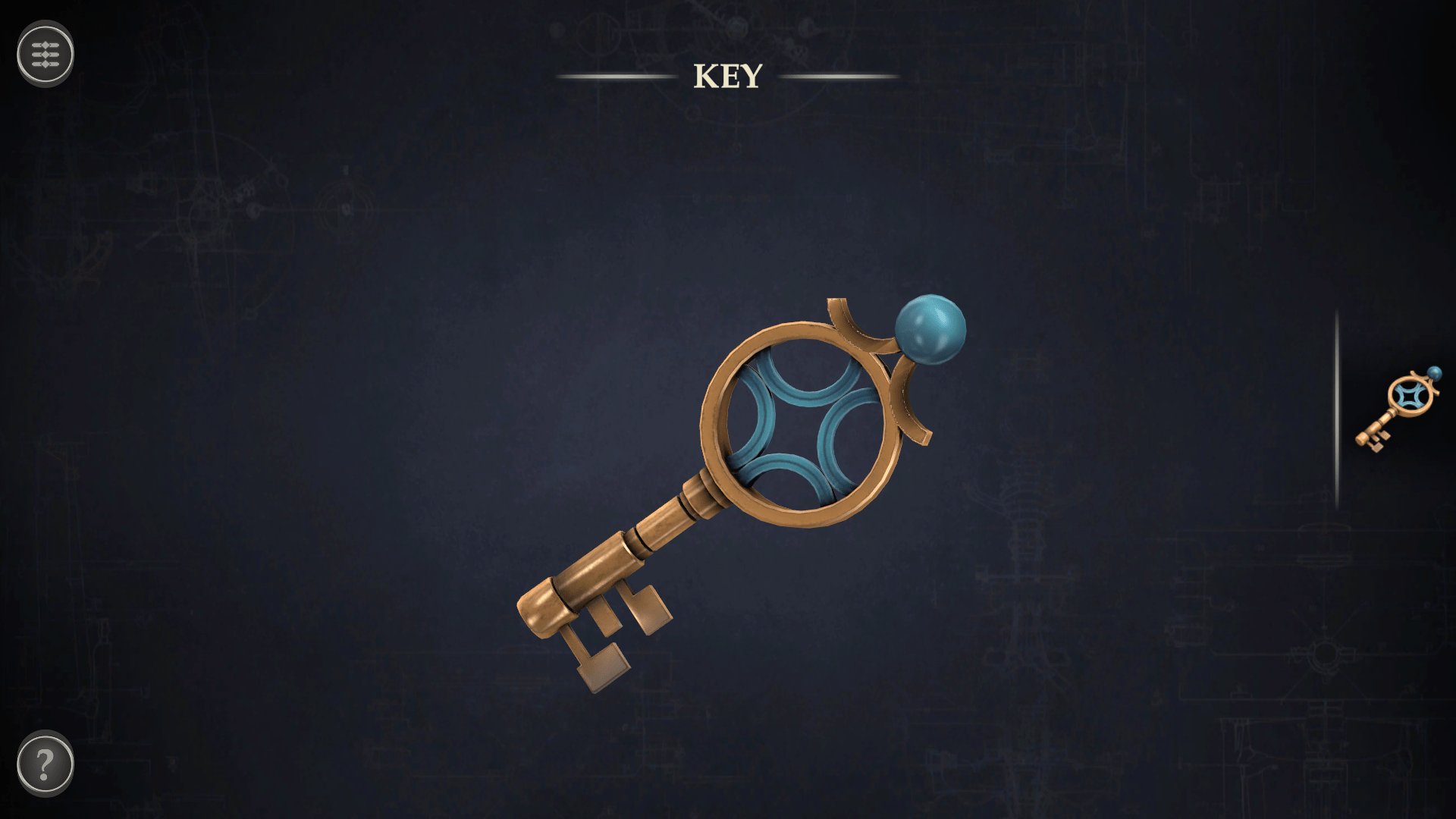 A screenshot showing a bronze key in the middle of the screen.  The key has blue accents curling through its handle, as well as a blue ball on the end of the handle.