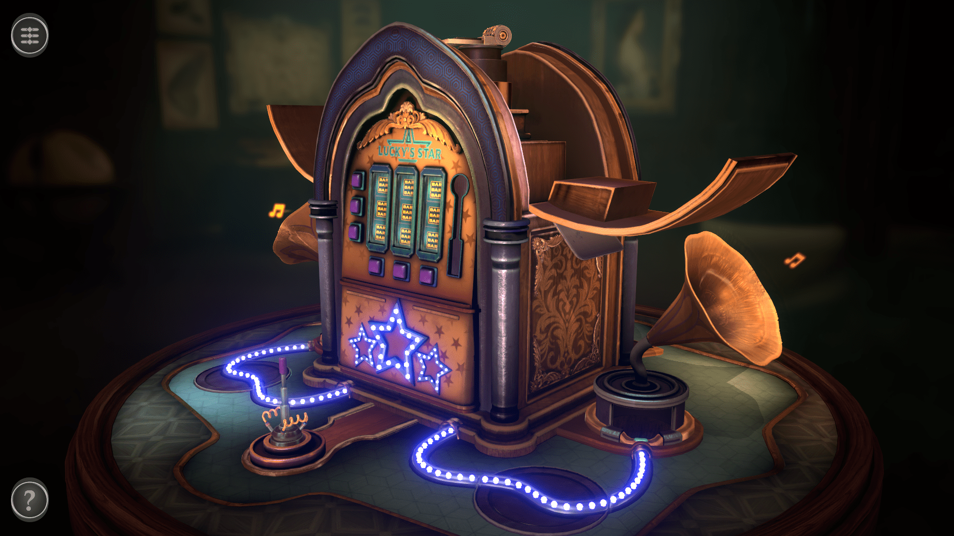 A screenshot of a box that looks like a combination between a jukebox and a slot machine.  The front panel has a slot machine interface and is titled "Lucky's Star", along with several illuminated purple stars.  Lines of purple lights snake across the table to gramophone-like speakers on either side of the box.