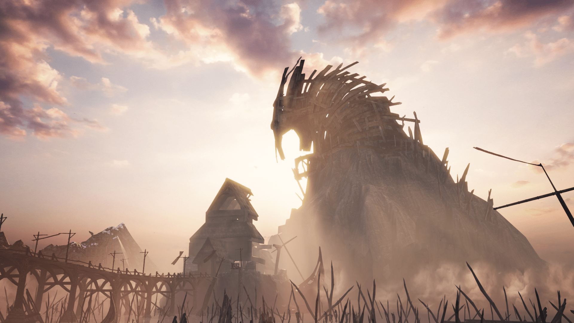 A screenshot showing a massive wooden structure that looks like a large dragon hunched over with its mouth open.  The sun is shining bright in a pale blueish-pink sky, and rays of sunlight are coming through the gaps in the wooden structure.