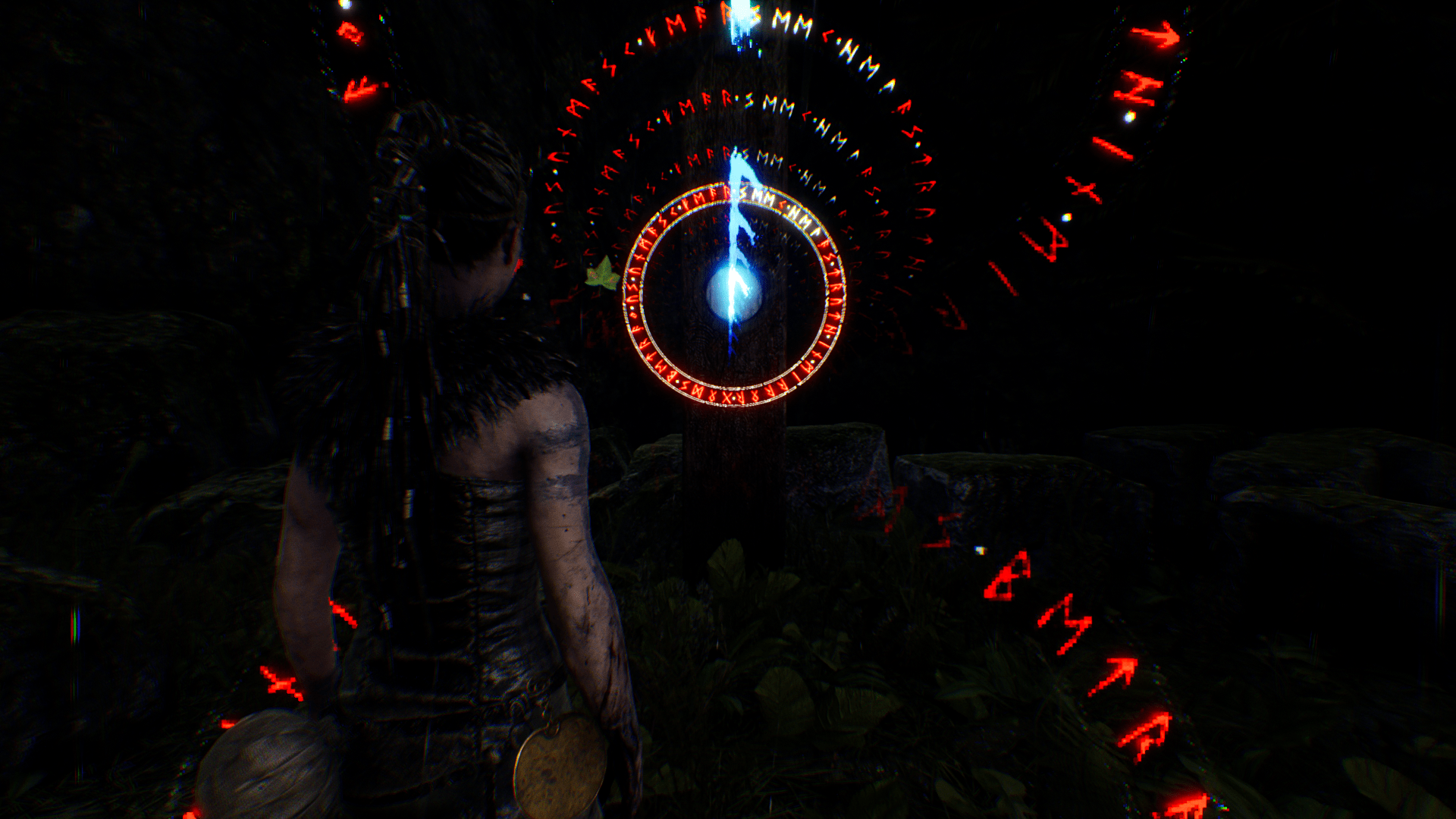 A screenshot showing a young woman facing towards a stone with a glowing rune on it.  A ring of runes surrounds the rune, and bands of red and white runes radiate out from it in a sort of ripple effect.
