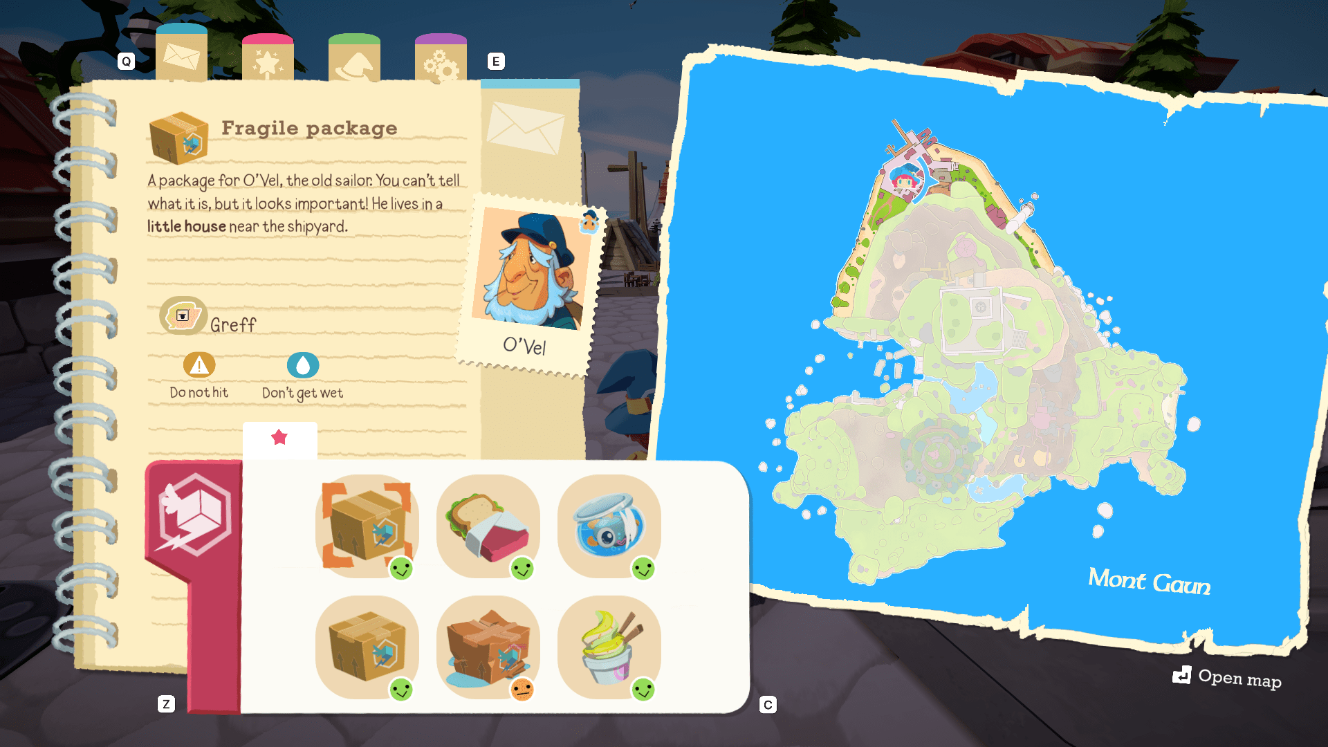 A screenshot showing a menu in the game.  On the right is a large map of an island titled "Mont Gaun" in the middle of the ocean.  On the left is a notebook open to a page titled "Fragile package" that reads "A package for O'Vel, the old sailor.  You can't tell what it is, but it looks important!  He lives in a little house near the shipyard."  Next to this is a picture of O'Vel, who looks like an aged sea captain.  Below is a card full of items that have been delivered, each of which has a face stamp next to it.  All of them have green happy stamps next to them, except for one, which looks like a ruined box and has an orange "neutral face" stamp next to it.