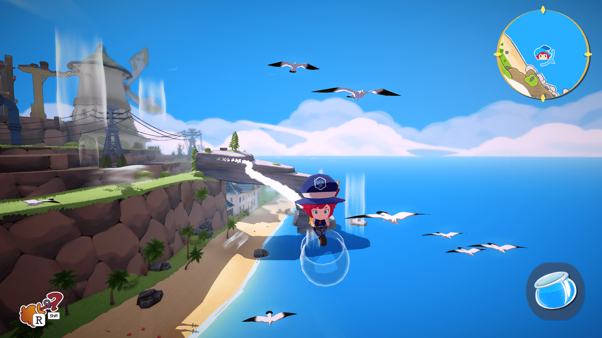 A screenshot showing a young witch flying on a broom over a brightly-coloured island.  The witch is wearing a blue postal worker's uniform and carrying a large bowl underneath her broom.  She's surrounded by a flock of seagulls all flying in the same direction as her.