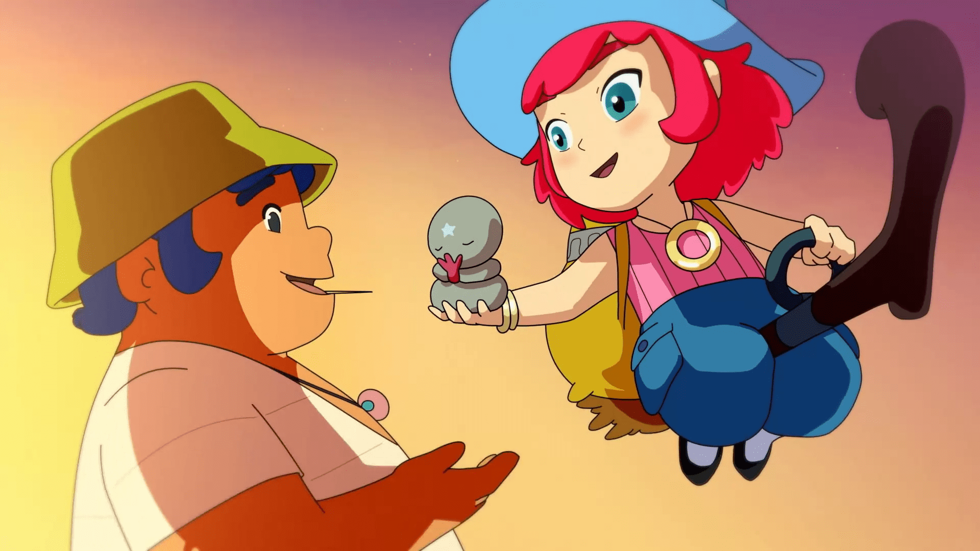 A screenshot of an animatic showing a young witch with red hair, a large blue hat, a pink top, blue pants, and a yellow knapsack hovering on a broom while handing a small stone figure to a man.  The man is smiling, wearing a green bucket hat and a white t-shirt, has blue hair, and is holding out his hands to accept the figure.