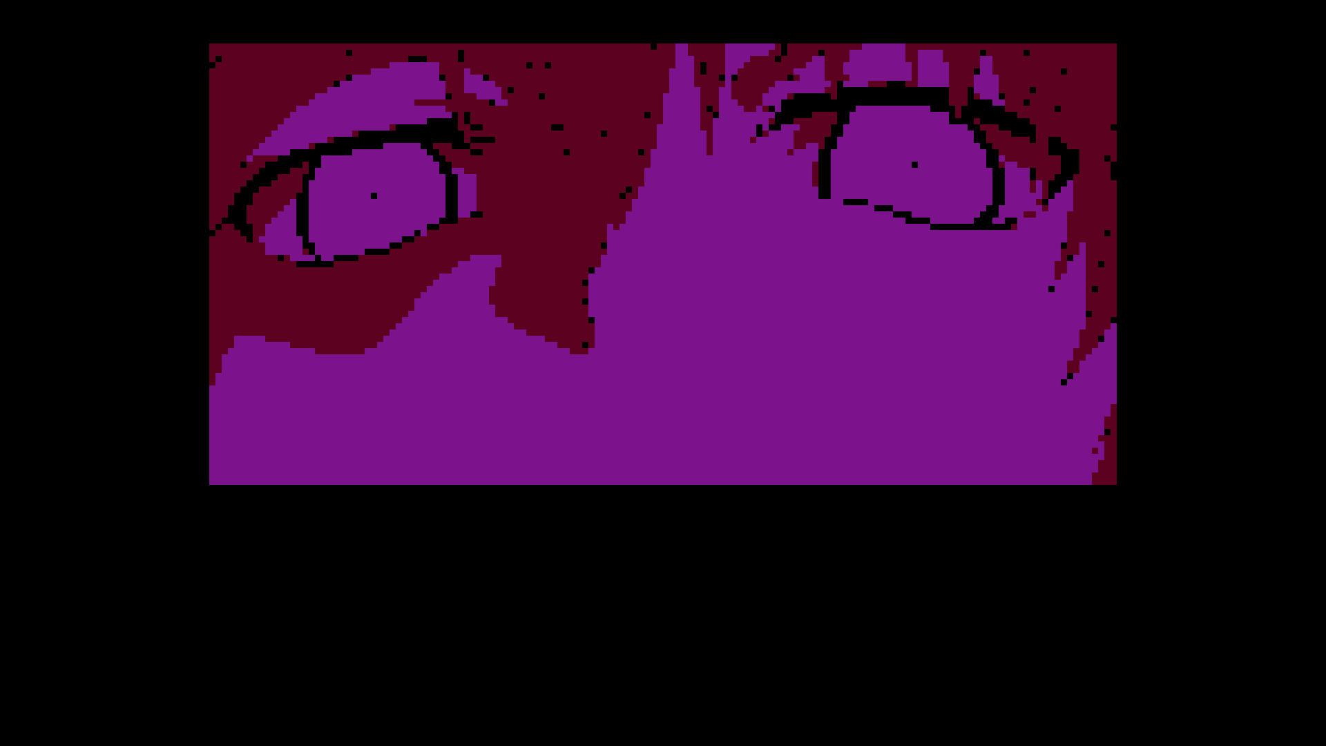 A screenshot from Milk Inside showing an extreme close-up of someone's face.  The image is heavily pixelated and all that's in frame is the person's eyes and the bridge of their nose.  The image is all in shades of pinkish-red and black.
