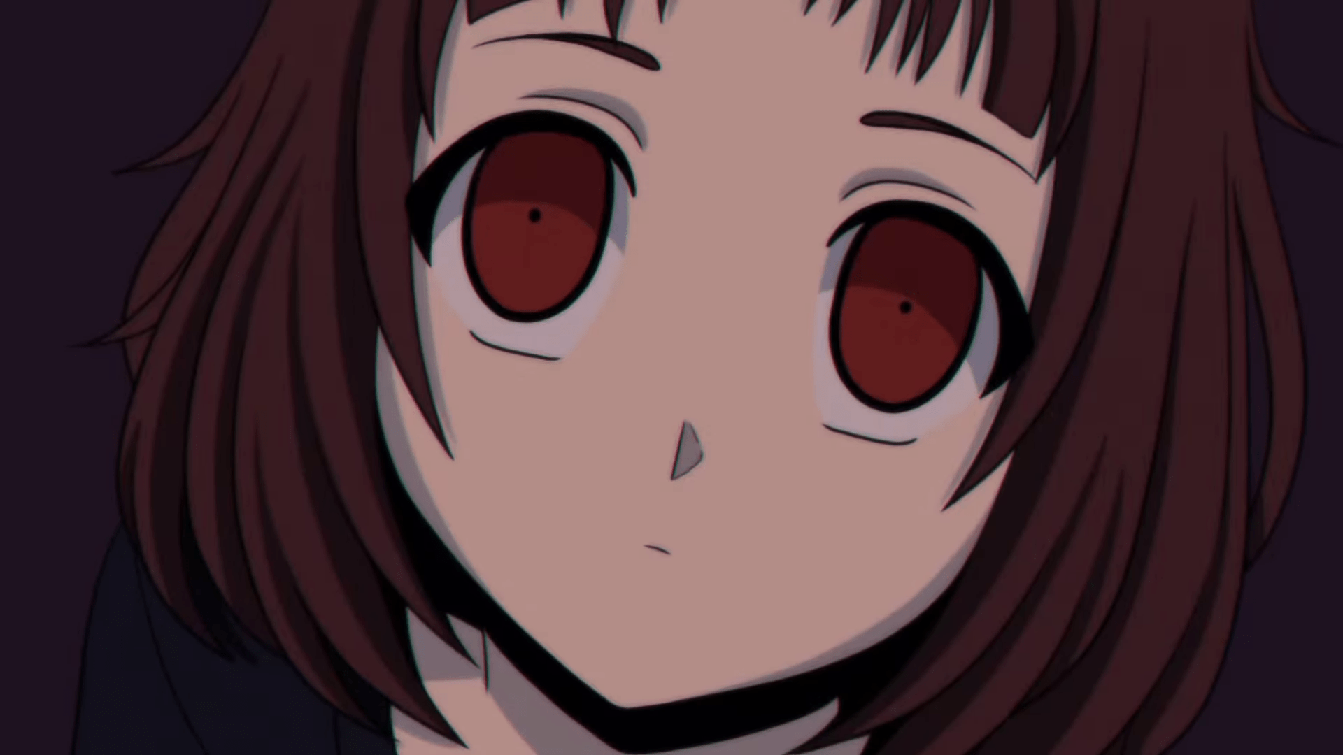 A screenshot of a cutscene from Milk Outside, showing a young-looking woman in an anime style staring up into the camera.  She has a vacant expression on her face.