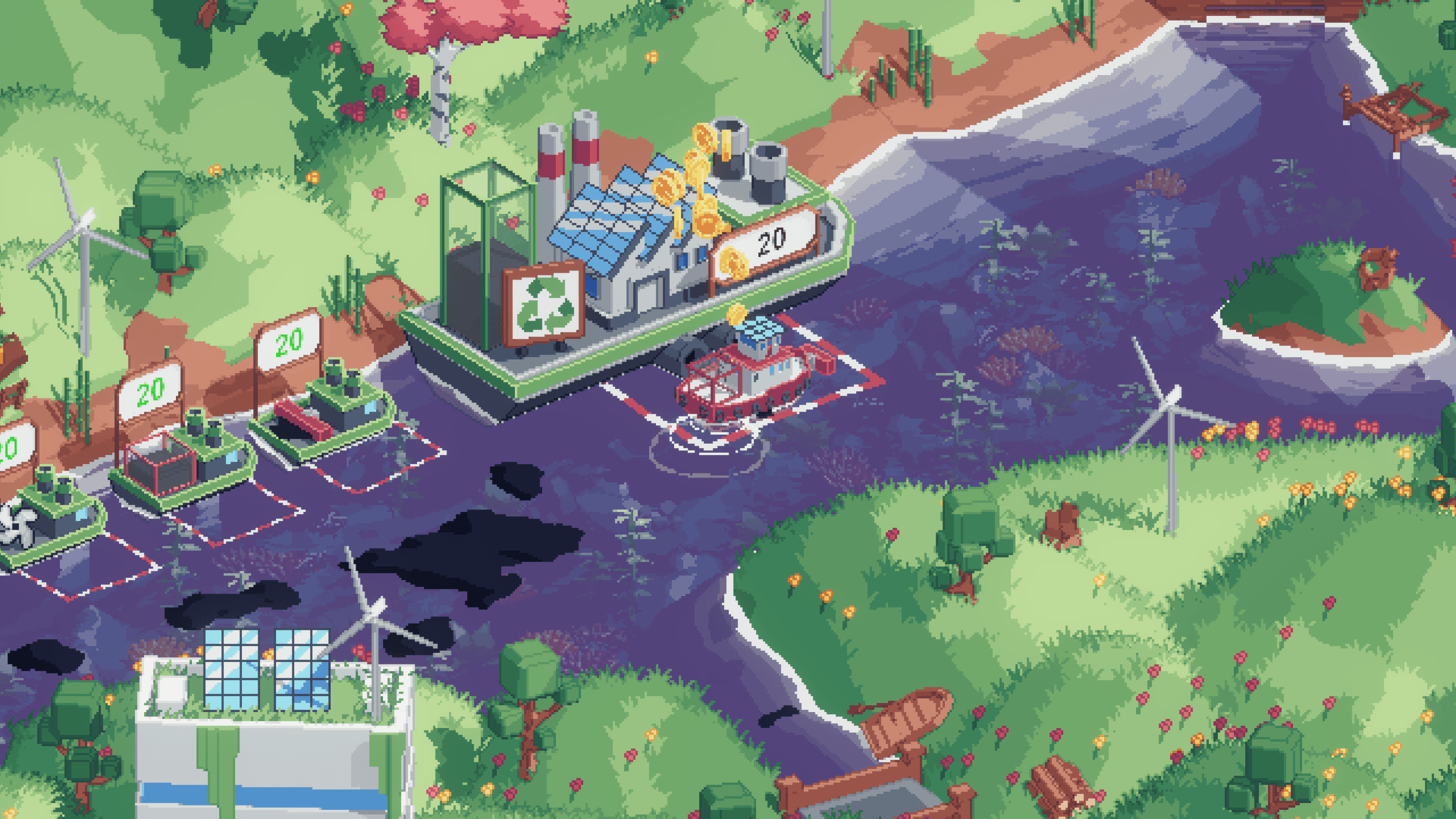 A screenshot showing a small boat sailing next to a large barge. The barge has a recycling symbol on it and is spitting coins into the boat. Behind the boat are some oil slicks on the surface of the water, as well as some upgrade stations that each cost 20 coins.