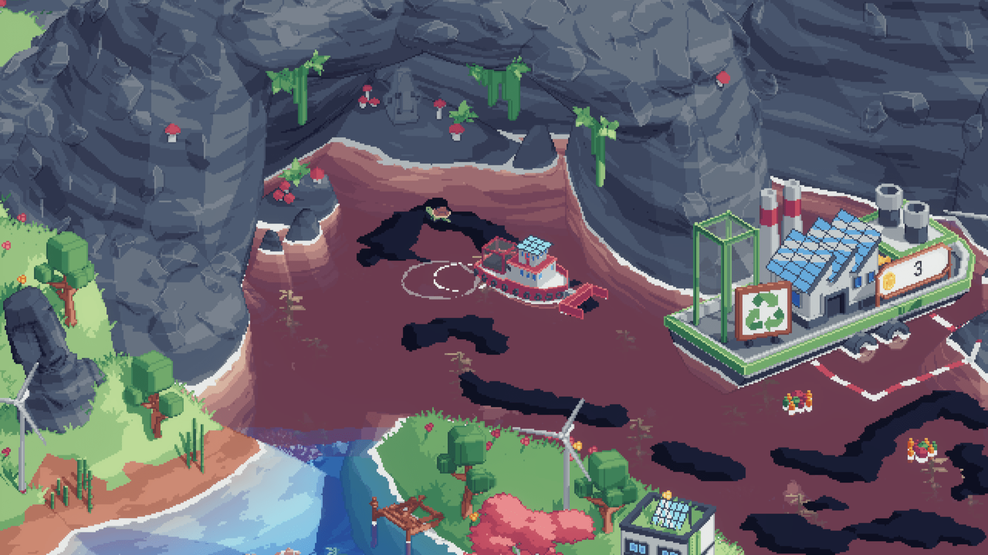 A screenshot showing a small boat sailing through murky brown water full of oil slicks. The boat has an attachment on the front that is sucking up the oil and is sailing under a large rocky outcropping.