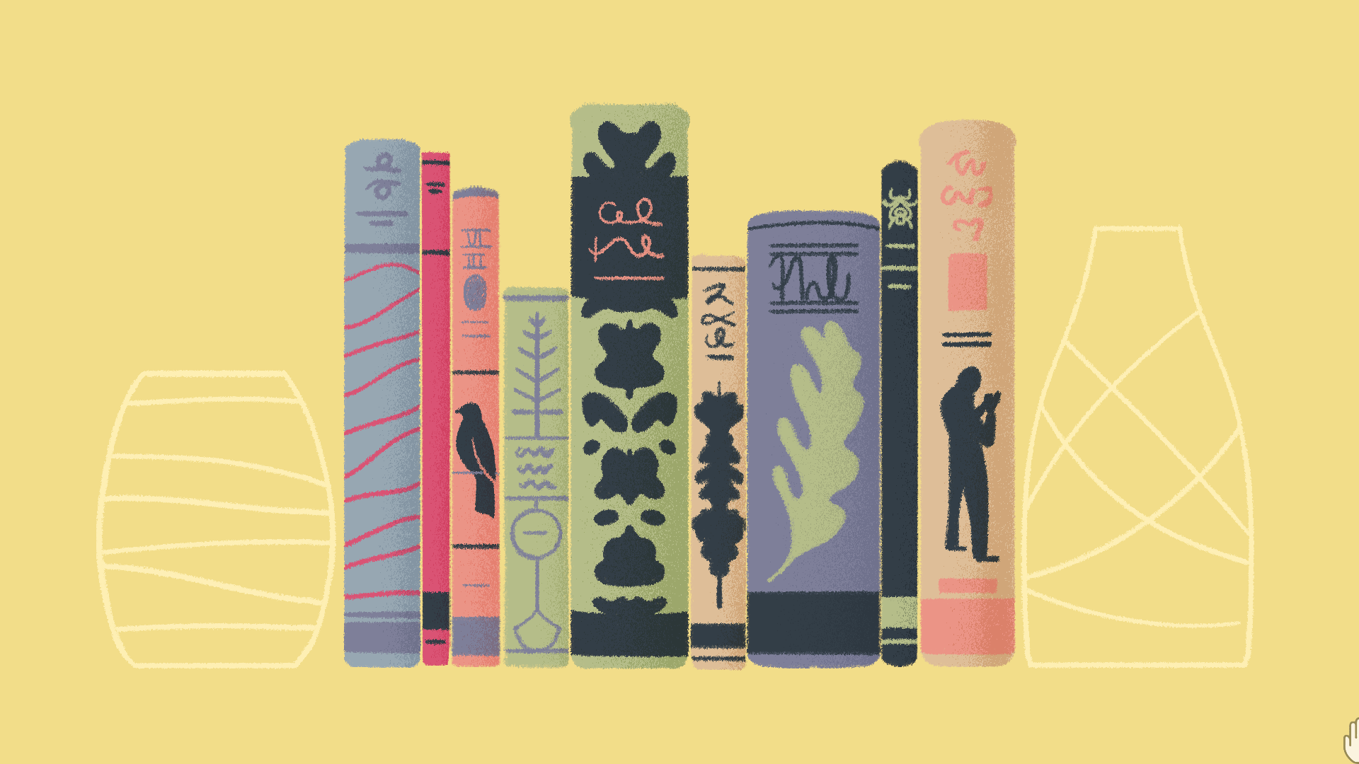 A screenshot showing a series of books rendered in a hand-drawn aesthetic lined up next to each other with their spines facing outward. Each book is of a different width and height, and has various abstract designs on the spines.