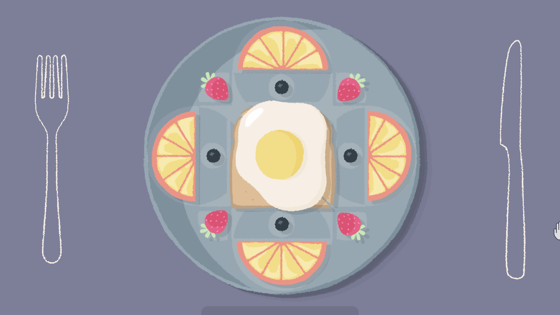 A screenshot showing a plate of breakfast food with a hand-drawn aesthetic arranged in a symmetrical design. A piece of toast with a sunny side up egg is in the centre, and surrounded by a ring of blueberries and strawberries, with an orange wedge placed in each of the cardinal directions.