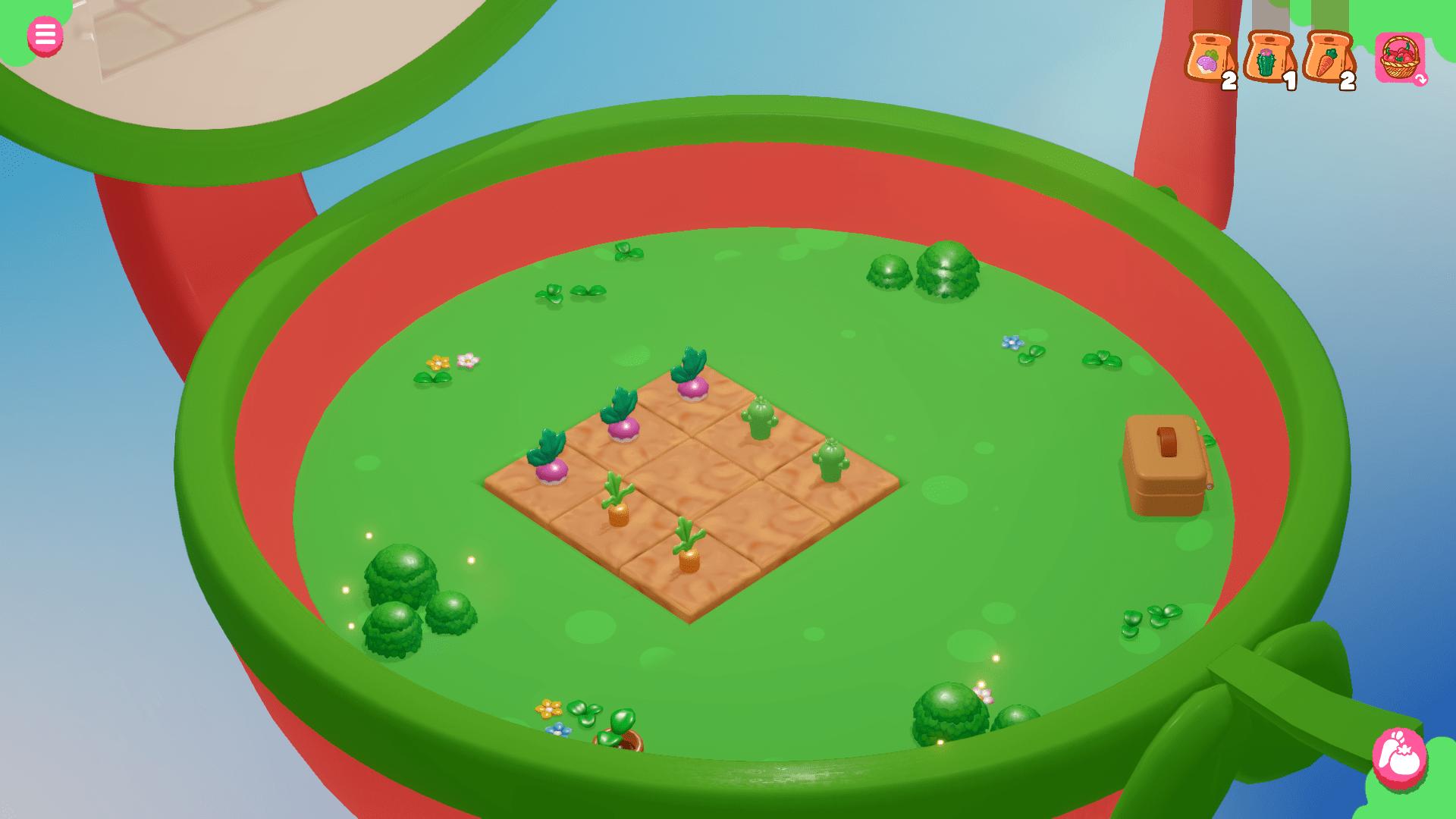 A screenshot showing a large round dish, which is the bottom half of a spherical capsule toy.  In the dish is a grassy field with several squares of dirt and crops in the middle.  Some squares have pink-ish purple turnips sprouting out of them, while others have tiny carrots, and still others have little baby cacti.