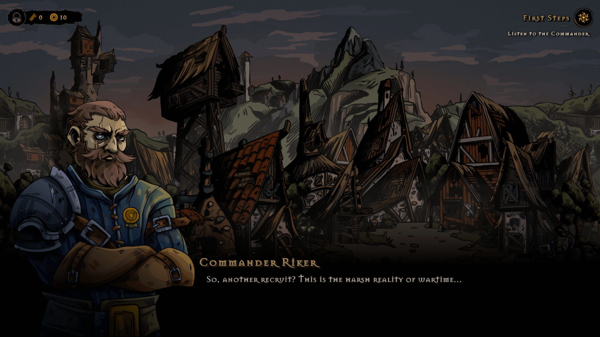 A screenshot showing a decrepit town.  All of the buildings are in various states of disrepair, and the scene looks gloomy and lifeless.  In the foreground is a hardy-looking man dressed in light combat gear.  He has full facial hair and a scar across one eye, and a dialogue box to the right of him lists his name as Commander Riker.  The text box reads "So, another recruit?  This is the harsh reality of wartime..."