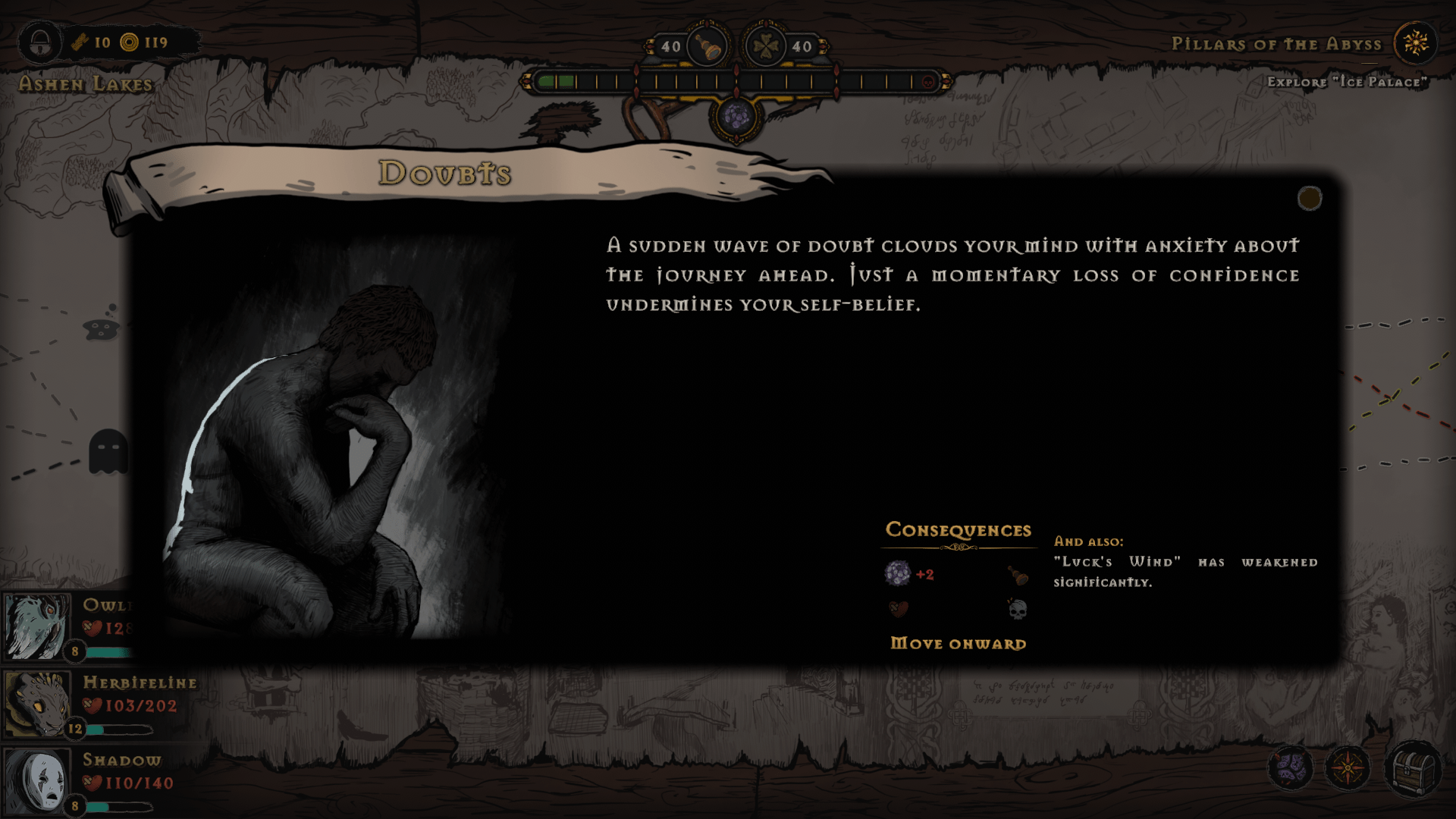 A screenshot showing a mission event pop-up.  The pop-up is titled "Doubts" and has a dark picture of a person sitting in a thinking pose.  The event text reads "A sudden wave of doubt clouds your mind with anxiety about the journey ahead.  Just a momentary loss of confidence undermines your self-belief."