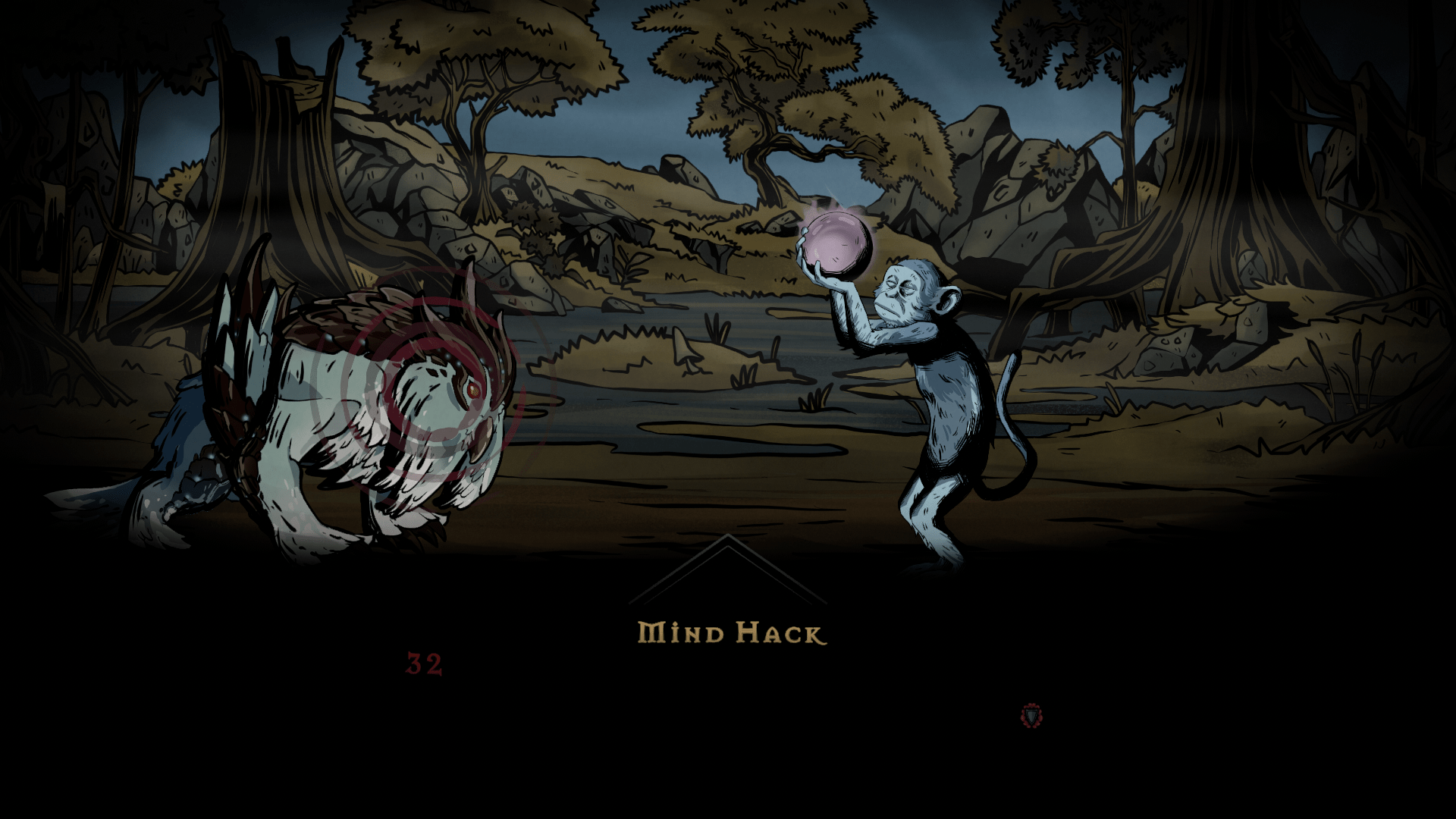 A screenshot showing a combat situation between two Entities.  On the left is a large owlbear (like a bear, but with the face of an owl and feathers instead of fur) with armoured plates on its back and large horns on its head.  On the right is pale blue monkey raising a light purple orb above its head.  Below is attack text that reads "Mind Hack".