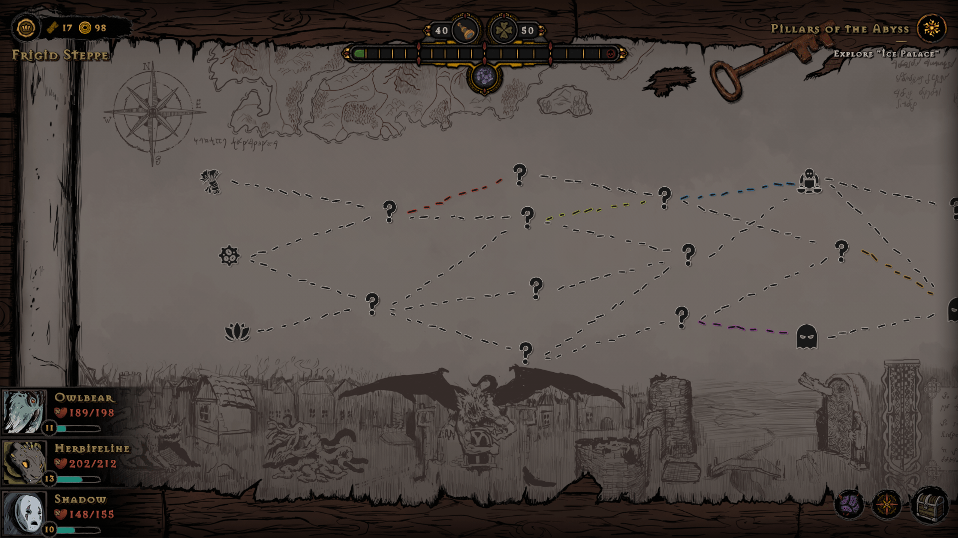 A screenshot showing a mission map, which features a series of nodes, many of which are connected to each other via dotted lines.  Some of the lines are coloured, and some of the nodes have icons, such as a flower or an angry-looking ghost, while other nodes are simply marked by question marks.