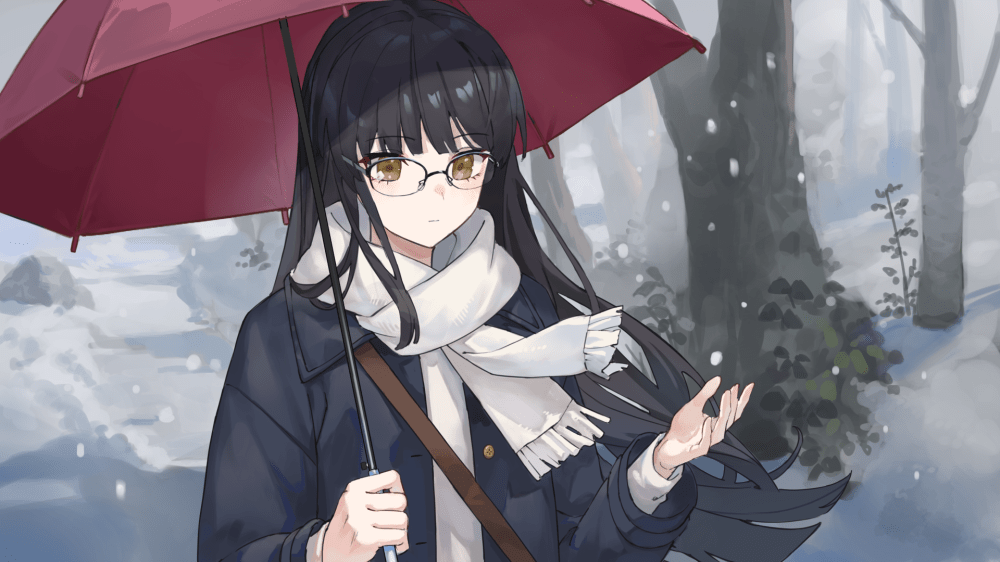 A screenshot showing a young woman with long, black hair standing in the snow. She has a neutral expression, glasses, a white scarf, a dark navy blue winter coat, and is holding a burgundy umbrella over her head. One hand is slightly outstretched as if to catch falling snowflakes. The whole scene is rendered in an anime style.