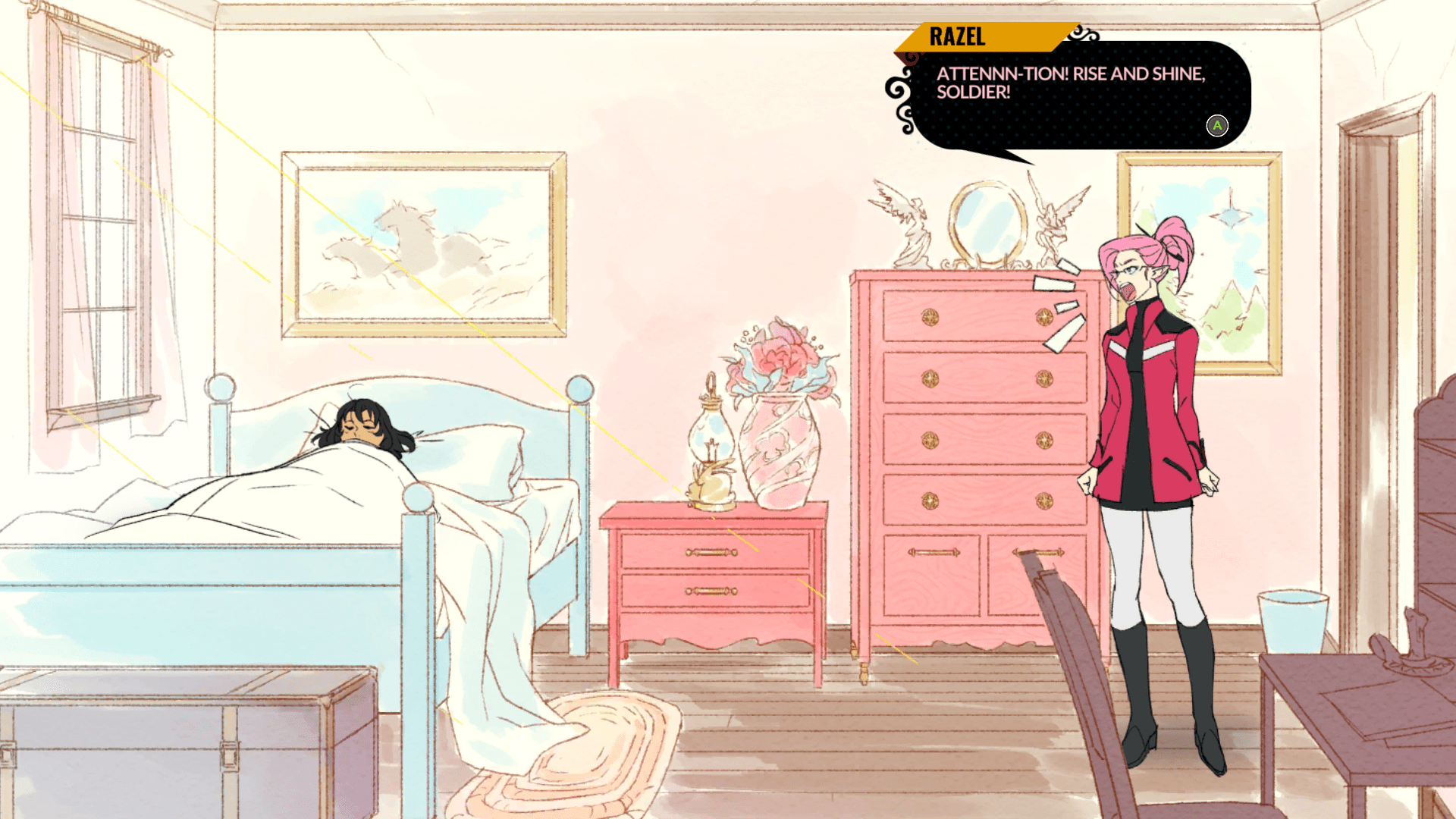 A screenshot showing a cozy-looking bedroom with Mina sleeping in the bed.  All that's visible of Mina is her head with her black hair pooled around her.  Standing in the entrance to the room is woman with pink hair up in a ponytail.  She's wearing a red jacket, black undershirt, white leggings, and tall black boots.  A speech bubble next to her shows that her name is Razel and she's yelling, "ATTENNN-TION!  RISE AND SHINE, SOLDIER!" at Mina.  The scene has a hand-drawn, anime-inspired aesthetic.