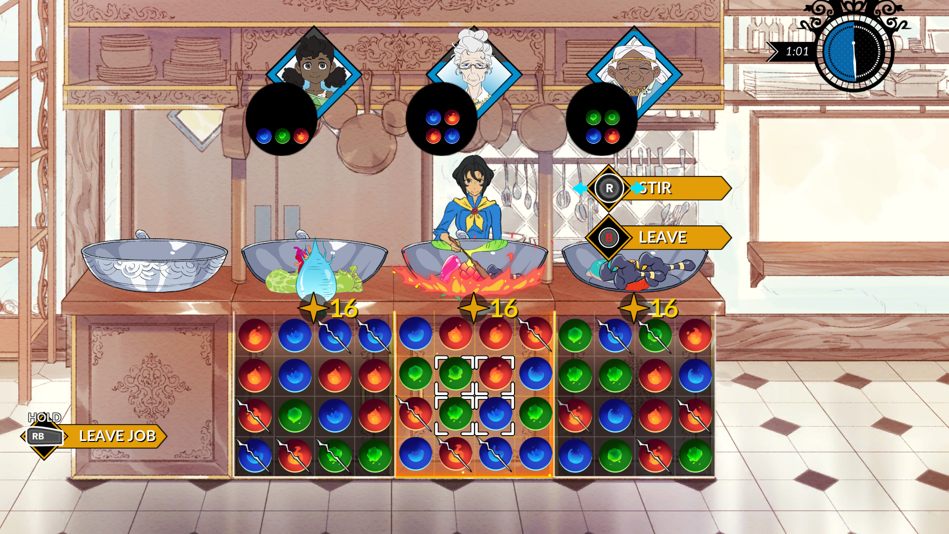 A screenshot showing one of the game's cooking challenges.  There are three grids full of red, blue, and green gems, and each grid has a customer image above, along with a picture of the pattern that needs to be created in the grid for the customer to be satisfied.