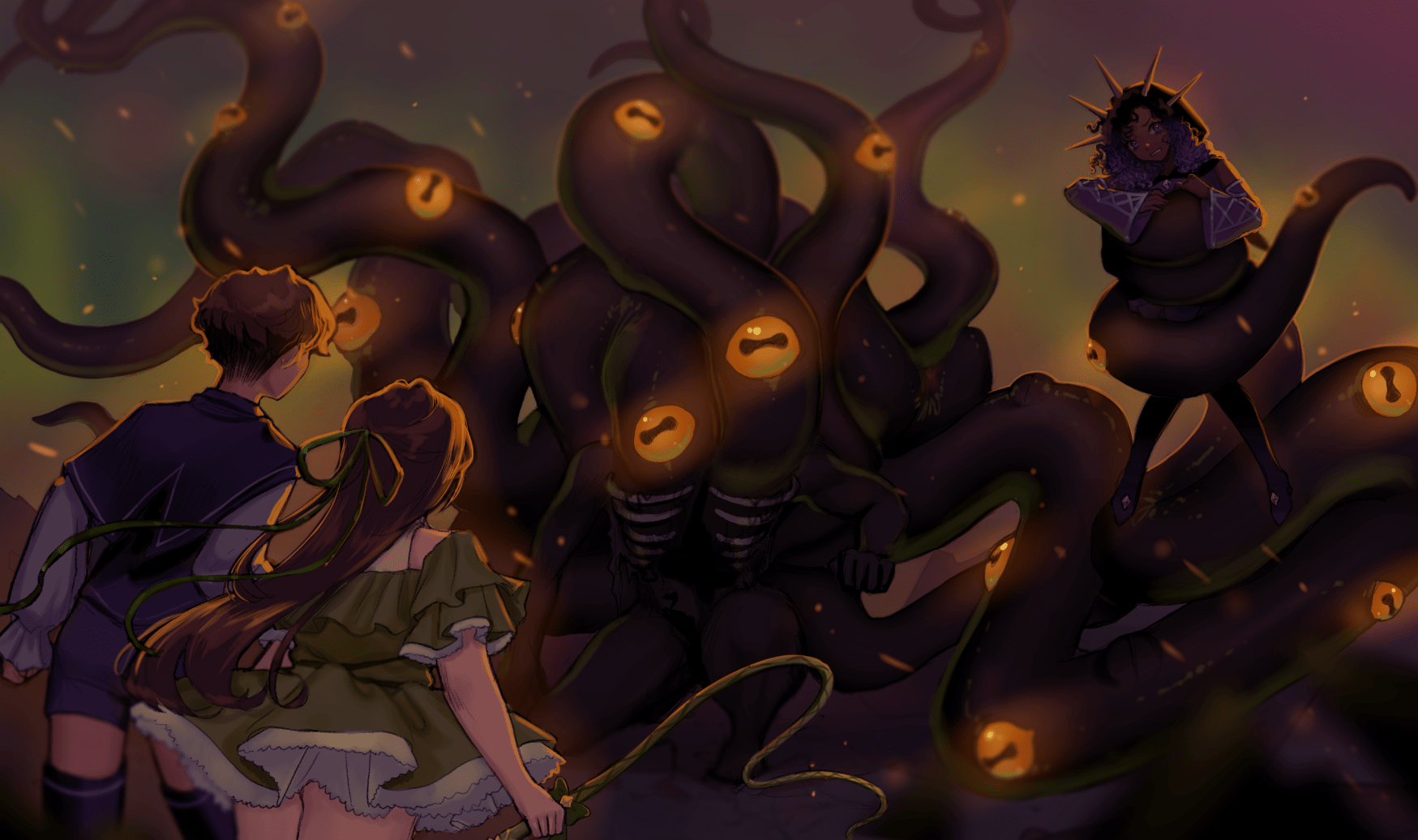 A screenshot showing two women from the back as they face down a massive, tentacled monster covered in frog-like eyes.  The monster has a girl clutched in one of its tentacles.  The leftmost woman has short dark brown hair and brown skin, and is wearing a puffy-sleeved white shirt, a short navy blue cape, a navy blue waist cincher, gray shorts, and navy blue stockings.  The woman beside her has white skin and waist-length dark brown hair, and is wearing a dark green ribbon in her hair, a white sleeveless undershirt, and a frilly and poofy olive green dress with white lacy trim.  The girl being held by the monster has dark brown skin and shoulder-length wavy black hair fading to purple ends, and is wearing a long black cloak with a hood pulled up and an array of spikes framing the top of her head, purple sleeves that go up past her elbows but don't seem connected to anything, and black leggings with purple shoes.  The monster's tentacle is wrapped around her from under her arms to her hips.