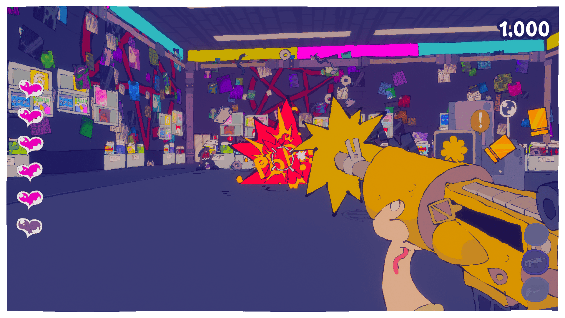 A screenshot showing a first-person view of a record store, with the walls covered in band posters and large red pentagrams.  The player character is using a large yellow rifle to shoot at enemies, and in the distance their target can be seen exploding with the text "POP" written in the middle of the explosion in a bold font.  The image is rendered in a cartoony, exaggerated art style.
