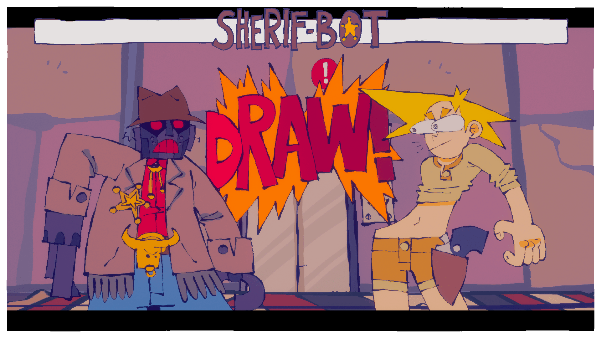 A screenshot showing a gunfight between two characters.  The character on the left is a robot with a gun arm who is wearing a sheriff's outfit, complete with a cowboy hat, a gold star badge and a big belt buckle shaped like a bull's head.  The character on the right has blonde spiky hair, is wearing a tan crop top and brown shorts, and has a large pistol strapped to her hip.  The character on the right has a tense expression, with her eyes bugging out of her head in focus.  At the top of the screen is a health bar labeled "Sherif-bot", and in the middle is the word "DRAW!" in large, bold text, surrounded by an explosion effect.  The image is rendered in a cartoony, exaggerated art style.