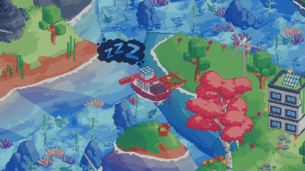 A pixel art image of a red and white boat sitting in a pool of translucent blue water. The boat has a thought bubble coming from it with "ZZZ" printed in it. Around the water are grassy green hills with trees of various colours and species, little red and yellow flowers growing, and a multi-level apartment building with grass and a solar panel on its roof.